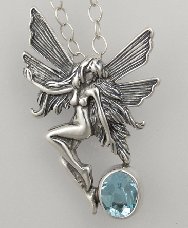 Sterling Silver Victorian Fairy Pendant With Blue Topaz